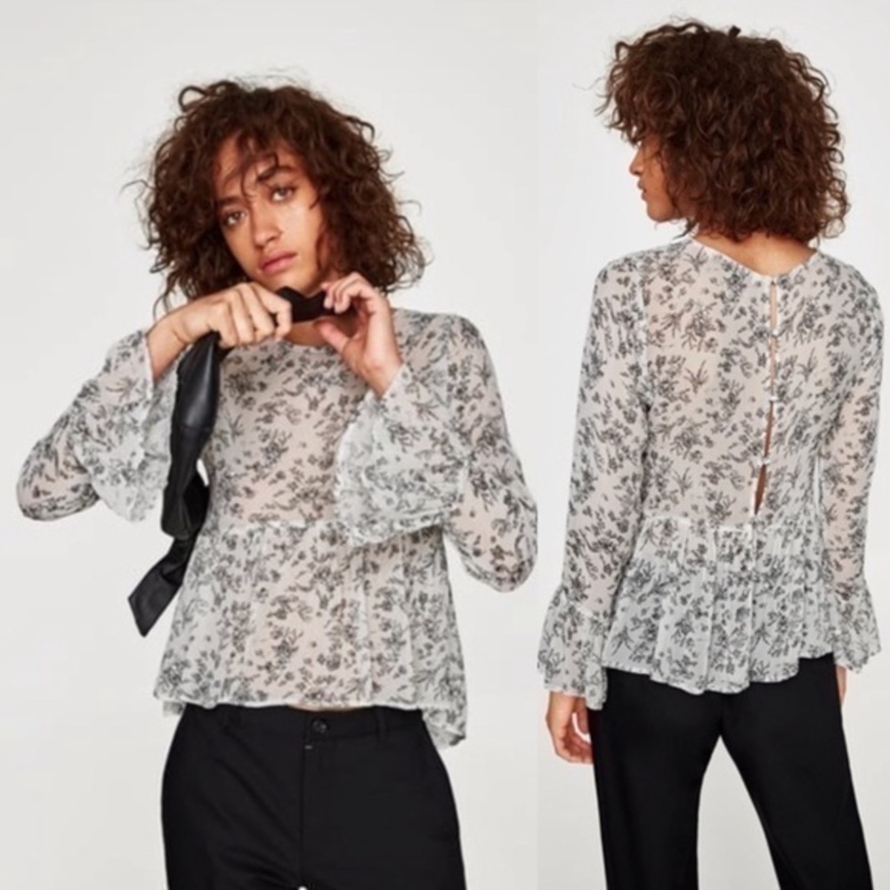 Zara floral sheer with sequence accent bell sleeves top blouse